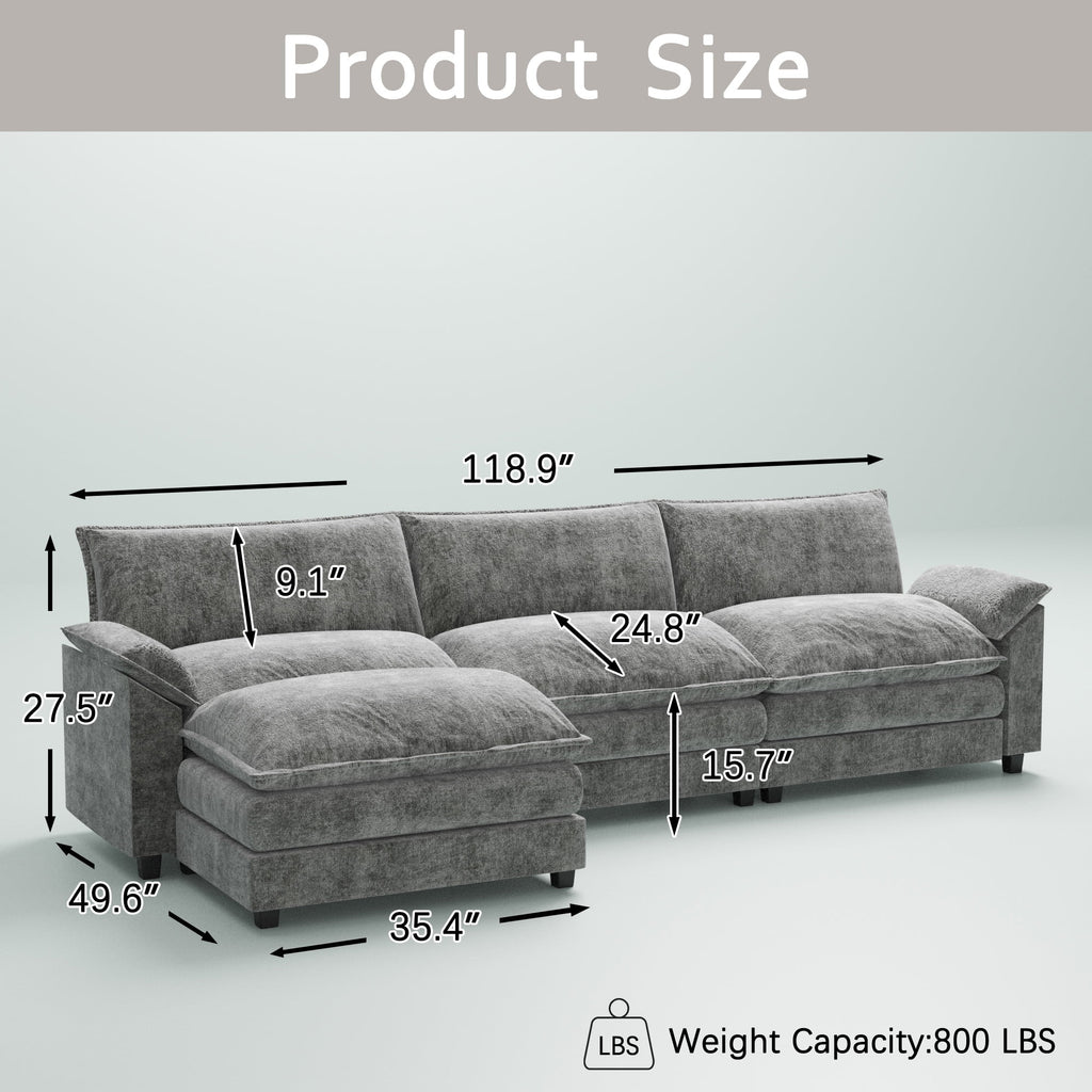 3-seat Sectional Sofa with Reversible Chair and Ottoman, Gray X807