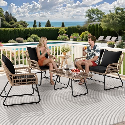 4 Piece Wicker Patio Furniture Set with Cushions and Glass Side Table G432