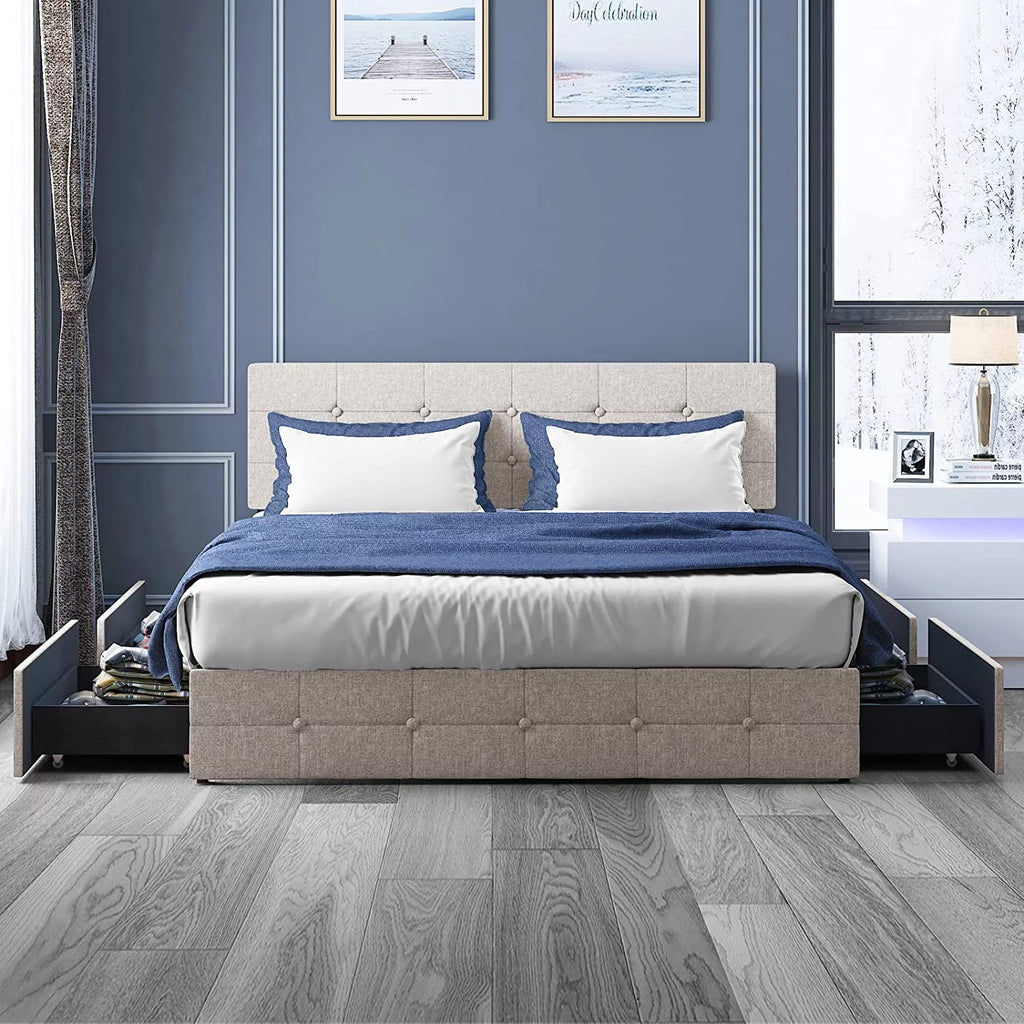 Queen Size Platform Bed Frame with 4 Storage Drawers T54504