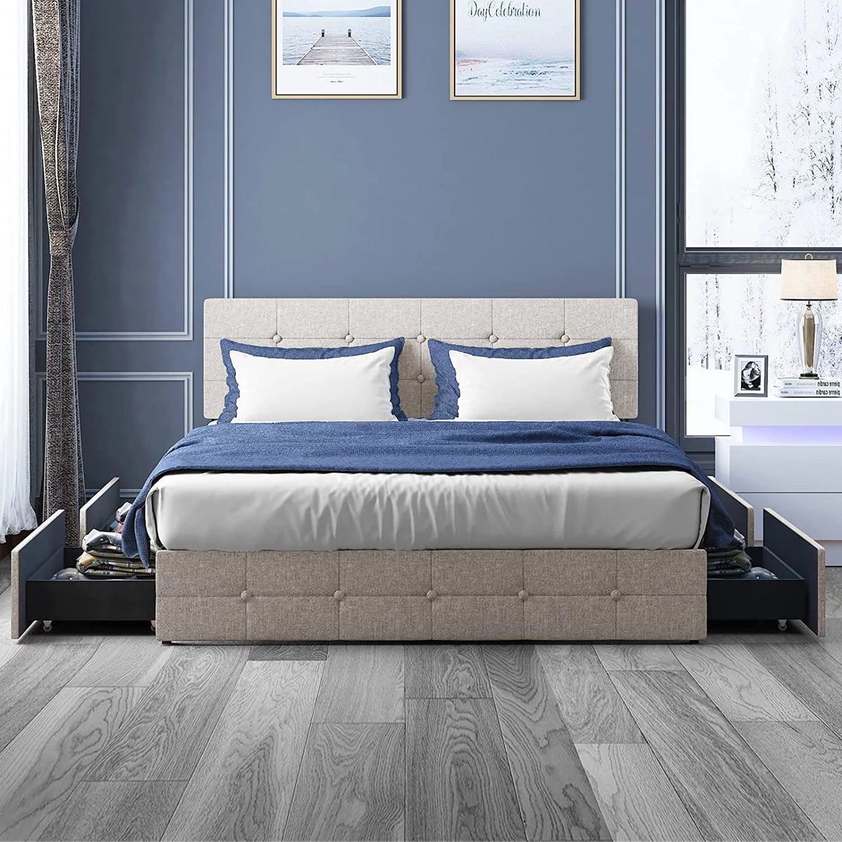 Queen Size Platform Bed Frame with 4 Storage Drawers T54504