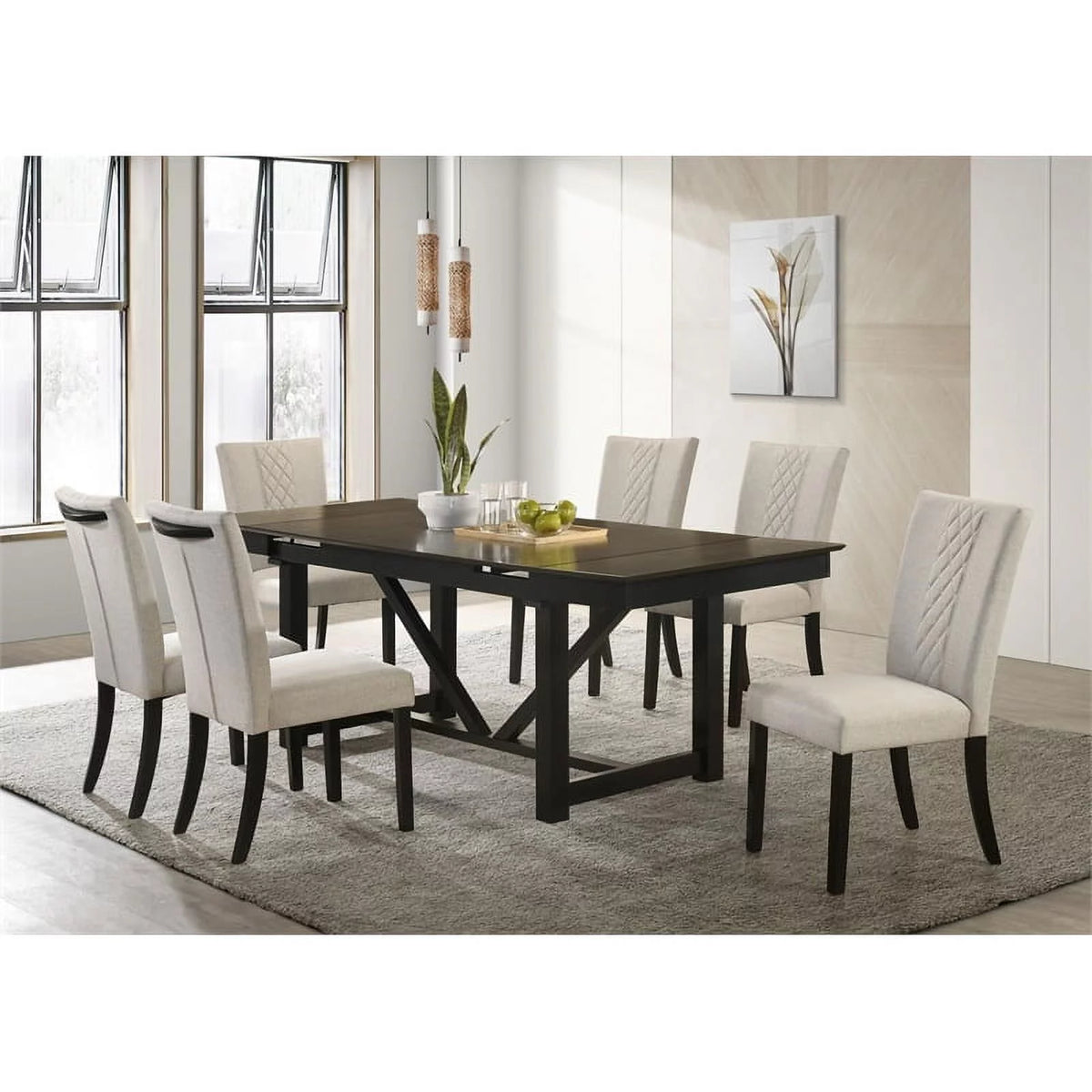 7 Piece Beige and Black Wood Rectangular Dining Table Set F997