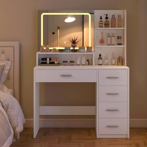 White Vanity Desk with 5 Drawers & Mirror N2134