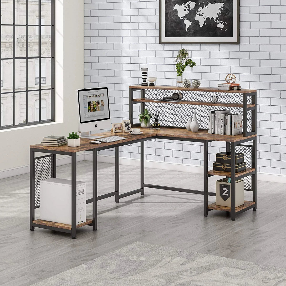 67" Computer Desk with Hutch and 5 Storage Shelves B56861