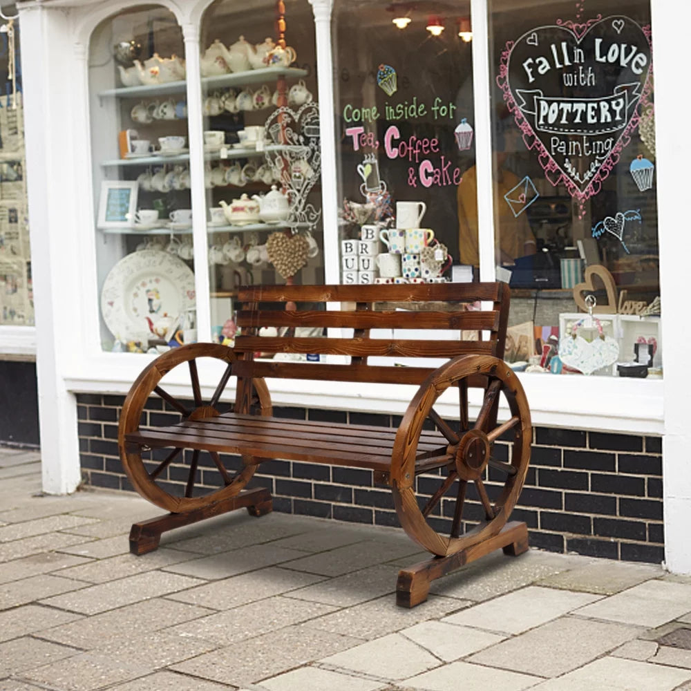 Wooden Wagon Wheel Bench with Backrest D582720