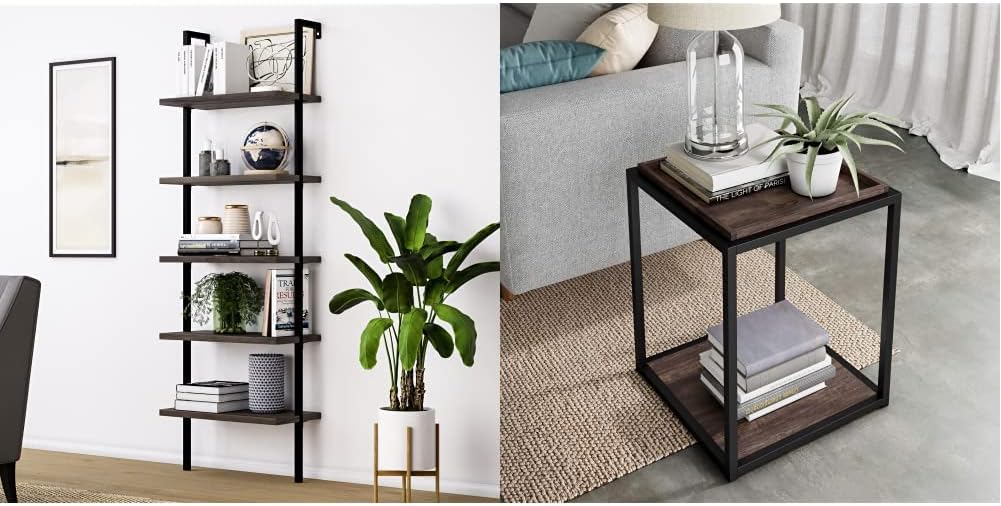 White/Gold 5-Shelf Ladder Bookcase with Metal Frame D755