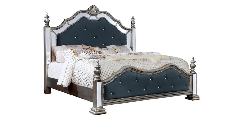Black Silver Mirror Queen Bedroom Set 7Pcs S39102