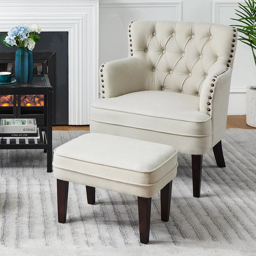 Beige Tufted Accent Chair with Ottoman C164