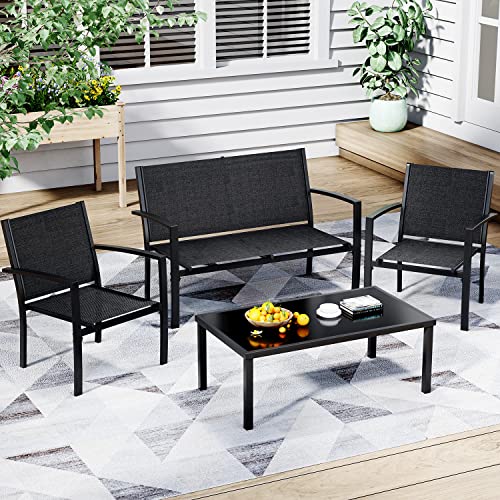 4 Pieces Patio Furniture Set with Glass Coffee Table, Black N363929