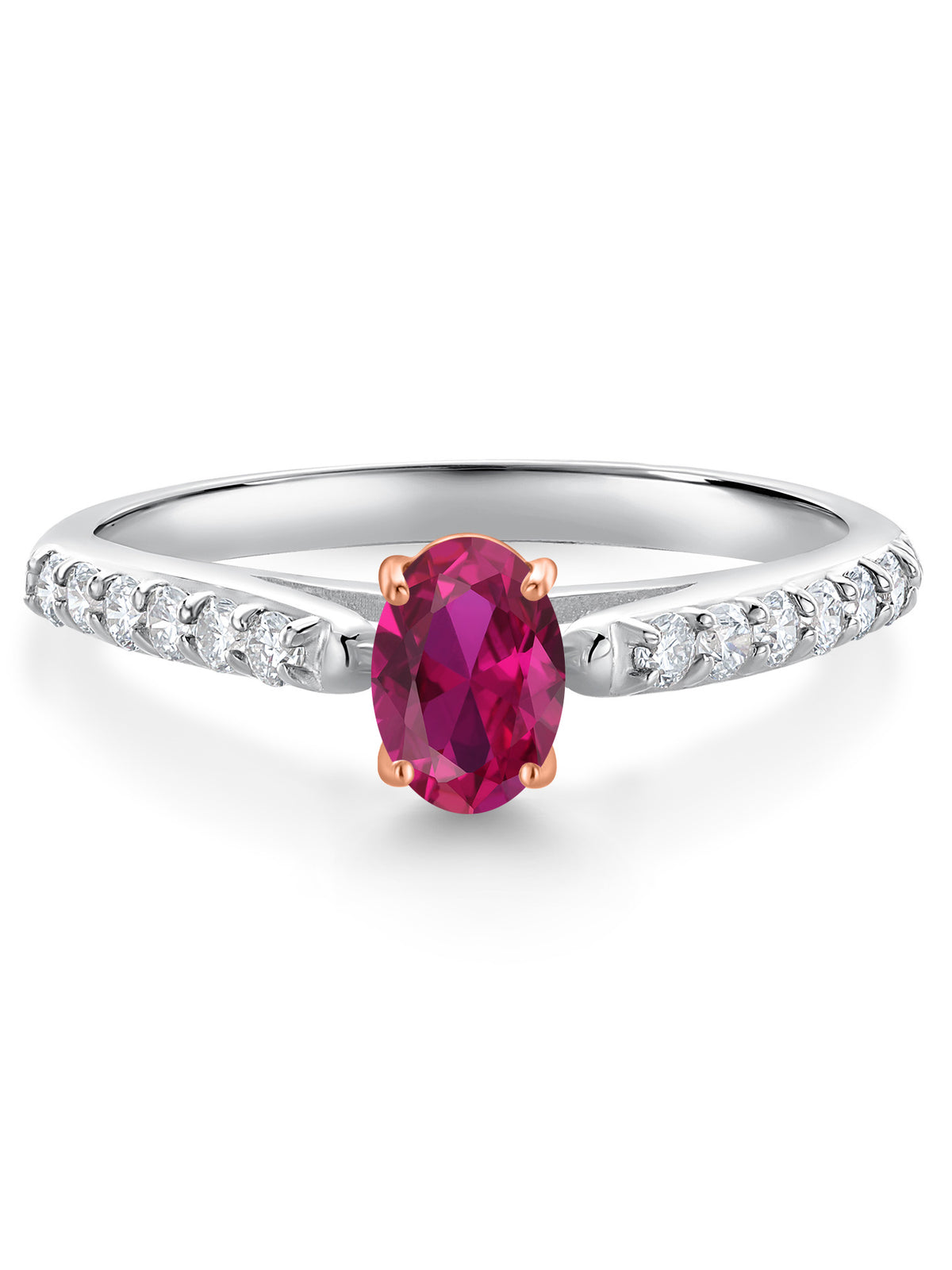 925 Silver 10K Rose Gold Red Created Ruby White Lab Grown Diamond Engagement Ring Oval 6X4MM N5052