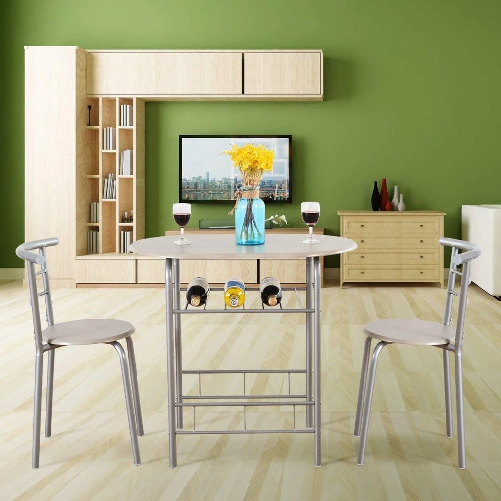 3 Piece Dining Table & Chair Set with Wine Rack and Storage Shelf X8014