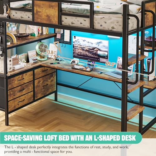 Twin Size Metal Loft Bed with Desk and 5 Drawer M70571