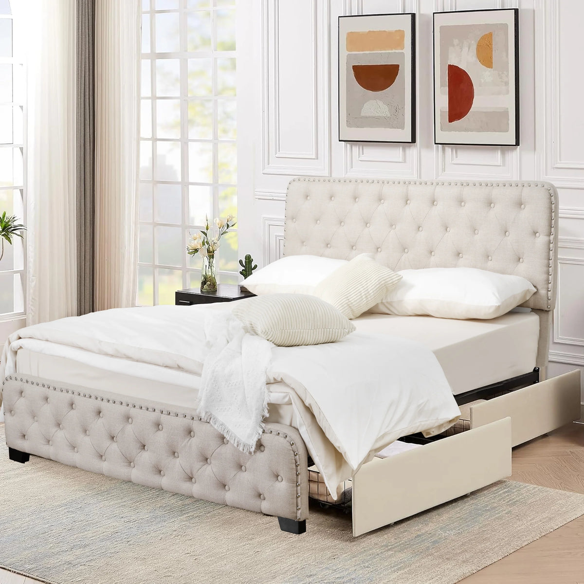 Beige Full Size Storage Bed Frame with 4 Drawers and Adjustable Headboard F734