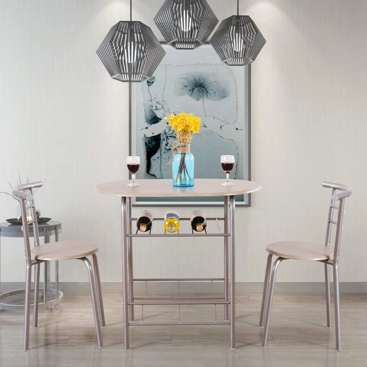 3 Piece Dining Table & Chair Set with Wine Rack and Storage Shelf X8014