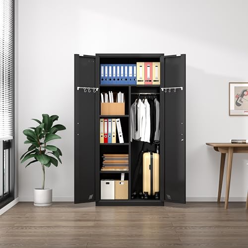 White Metal Armoire Wardrobe Closet with 2 Doors & 2 Drawers and Hanging Rod B541562