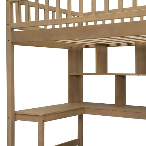 Twin Size Wood Loft Bed with Desk and Storage M4252