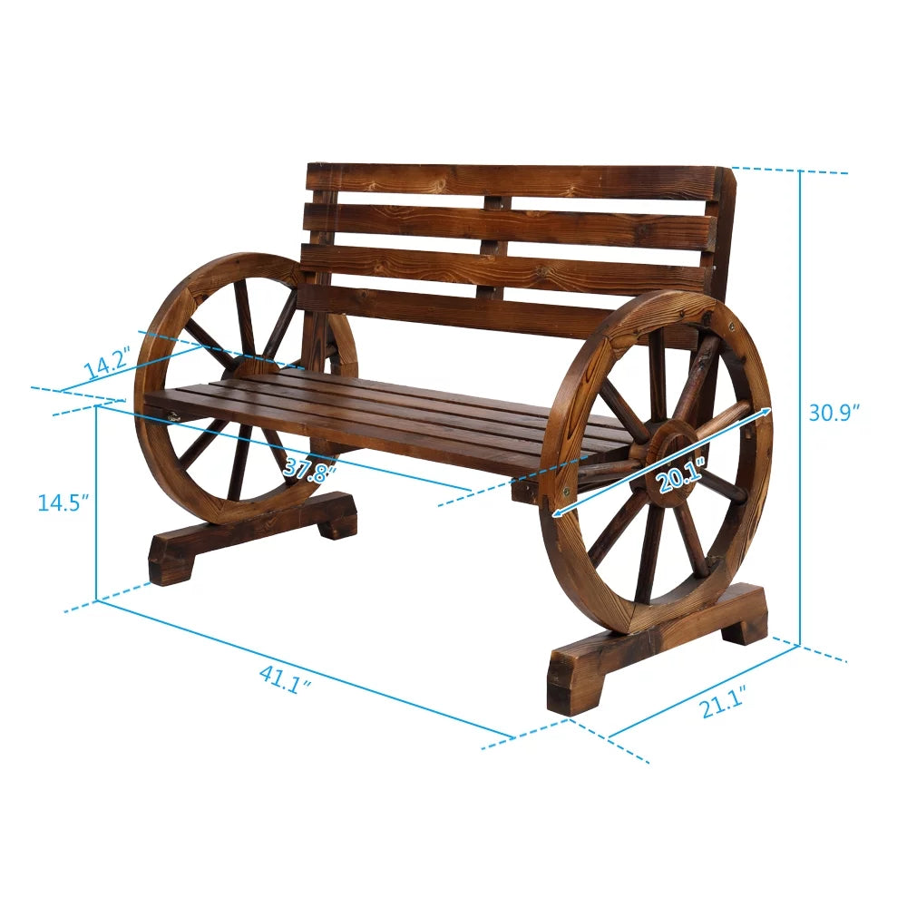 Wooden Wagon Wheel Bench with Backrest D582720