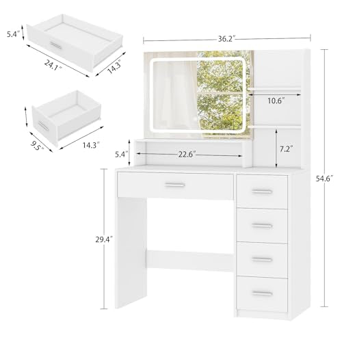 White Vanity Desk with 5 Drawers & Mirror N2134