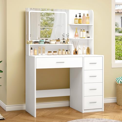 White Vanity Desk with 5 Drawers & Mirror N2134