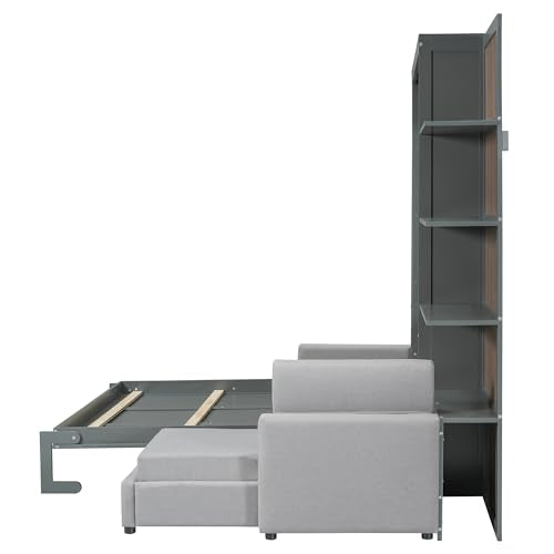 Queen Size Wooden Murphy Bed with Shelves and L-Shape Sofa N54397