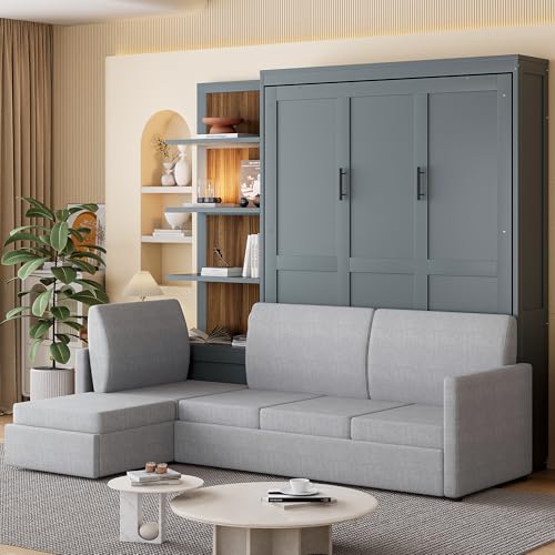 Queen Size Wooden Murphy Bed with Shelves and L-Shape Sofa N54397