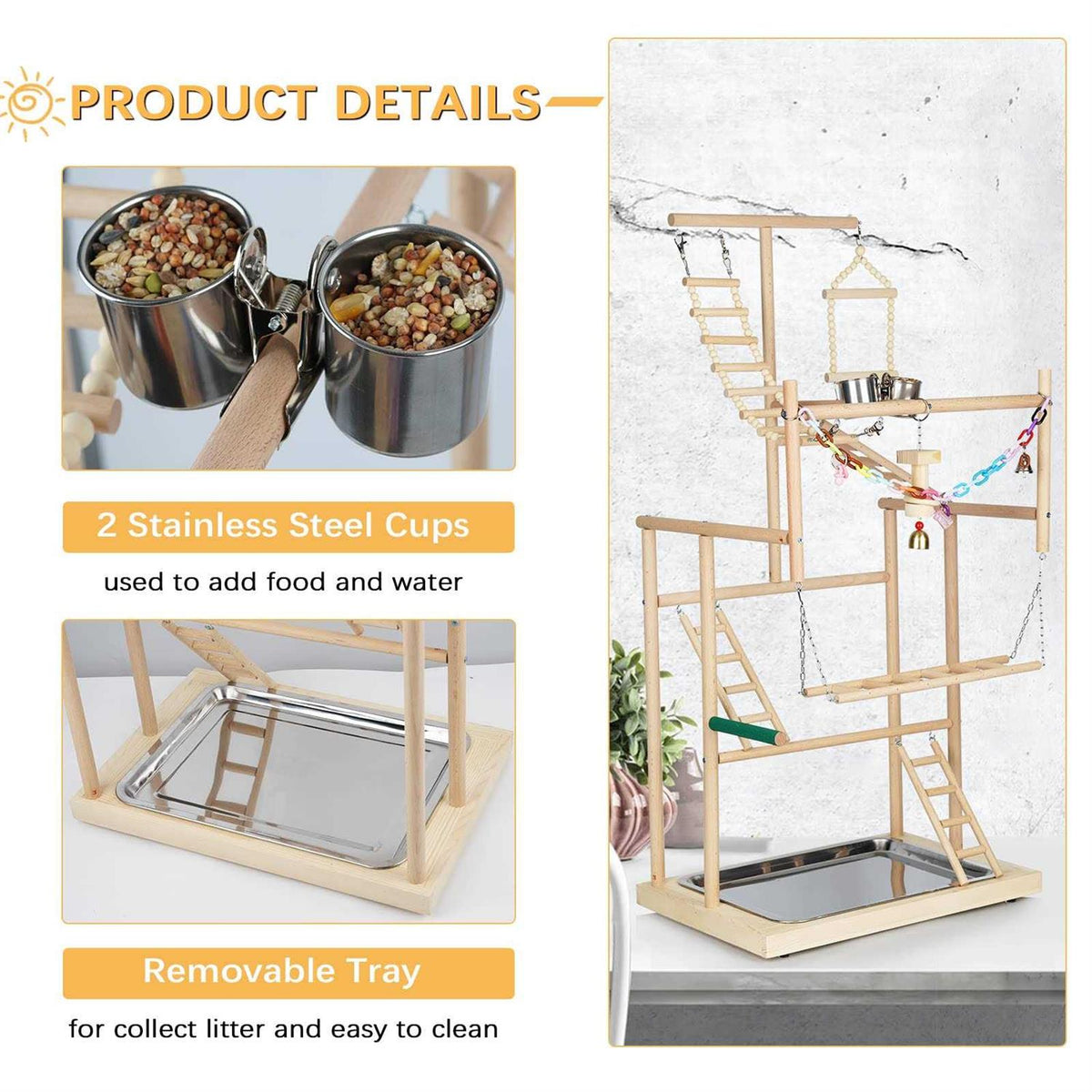 Parrot Bird Play Stand Wood Perch Gym Playpen Ladder with Feeder Cups C18194