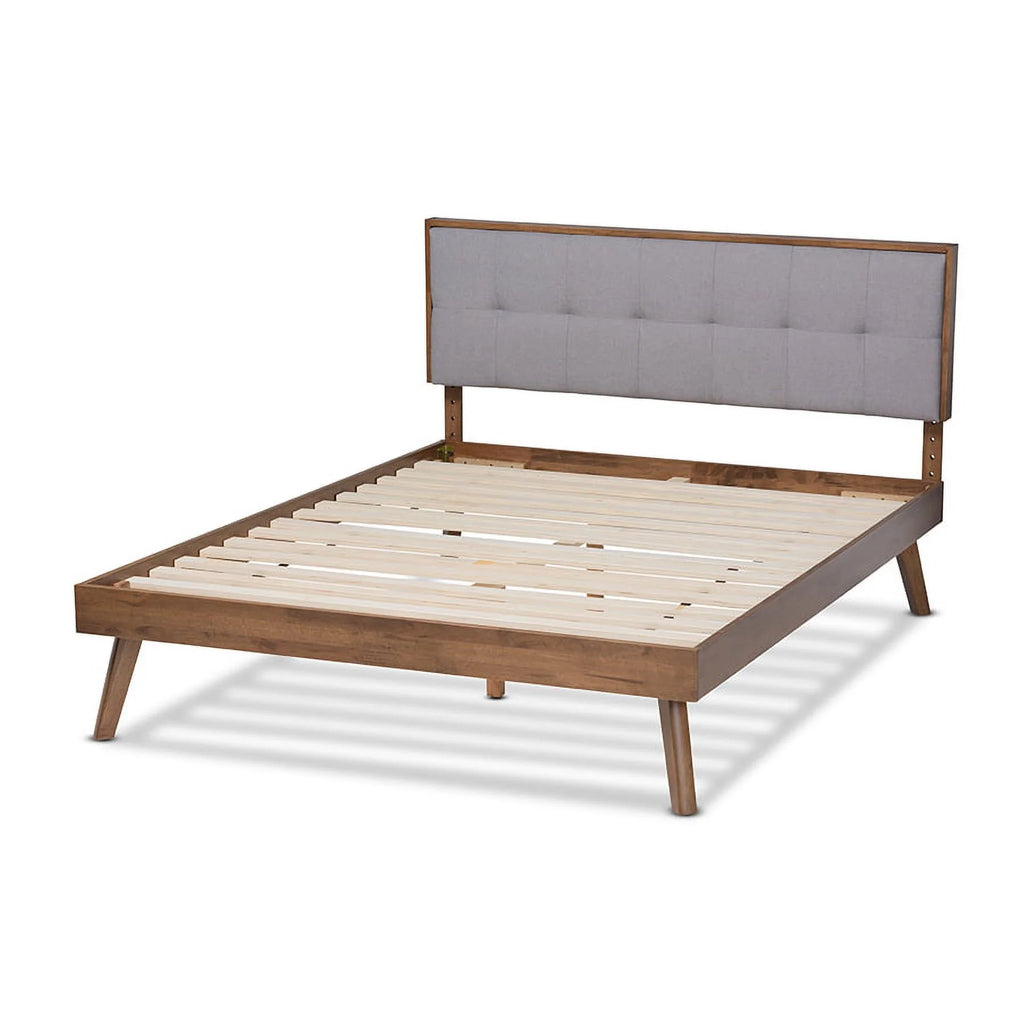 Light Grey Fabric Upholstered Walnut Brown Wood Queen Size Platform Bed O3864