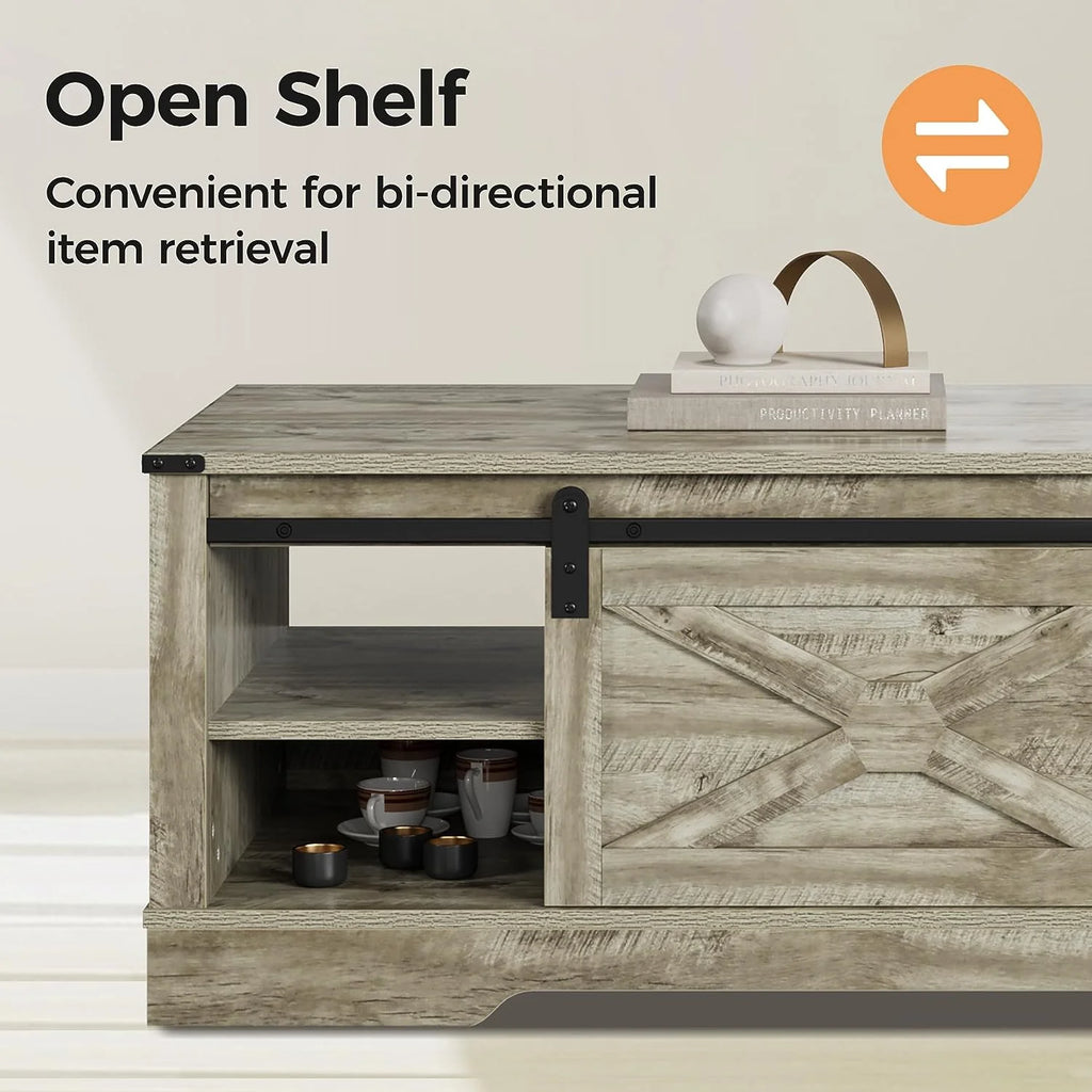 Warm Grey Rectangular Coffee Table with Storage Drawer and Sliding Barn Door D490