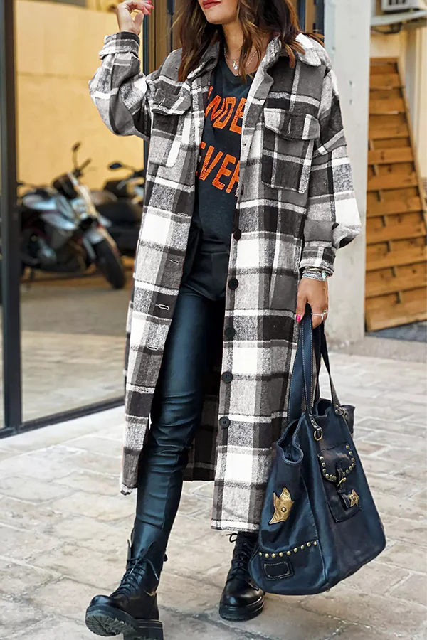 Plaid Button Pocket Shirt Collar Outerwear L9747
