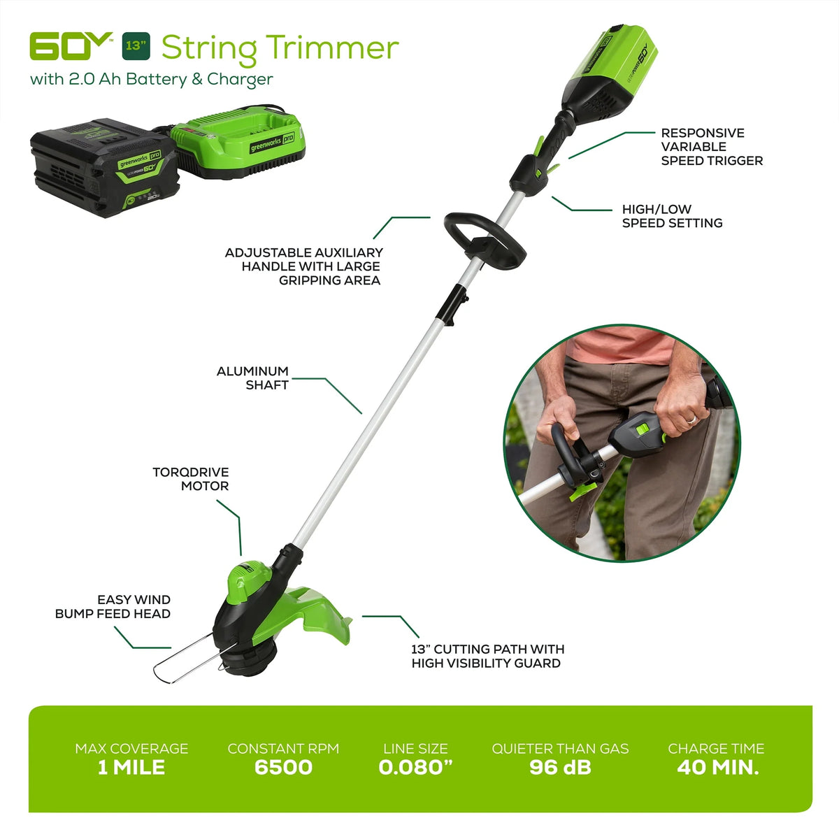 60V Cordless Battery String Trimmer with 2.0Ah Battery & Charger R627893
