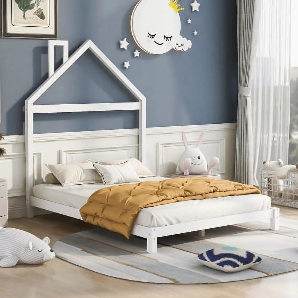 White Full Size Wood Platform Bed with House-shaped Headboard G528301