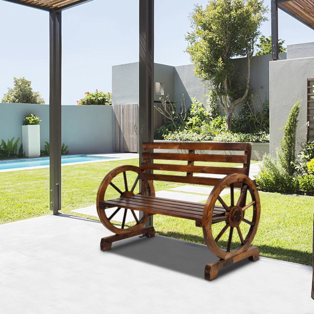Wooden Wagon Wheel Bench with Backrest D582720