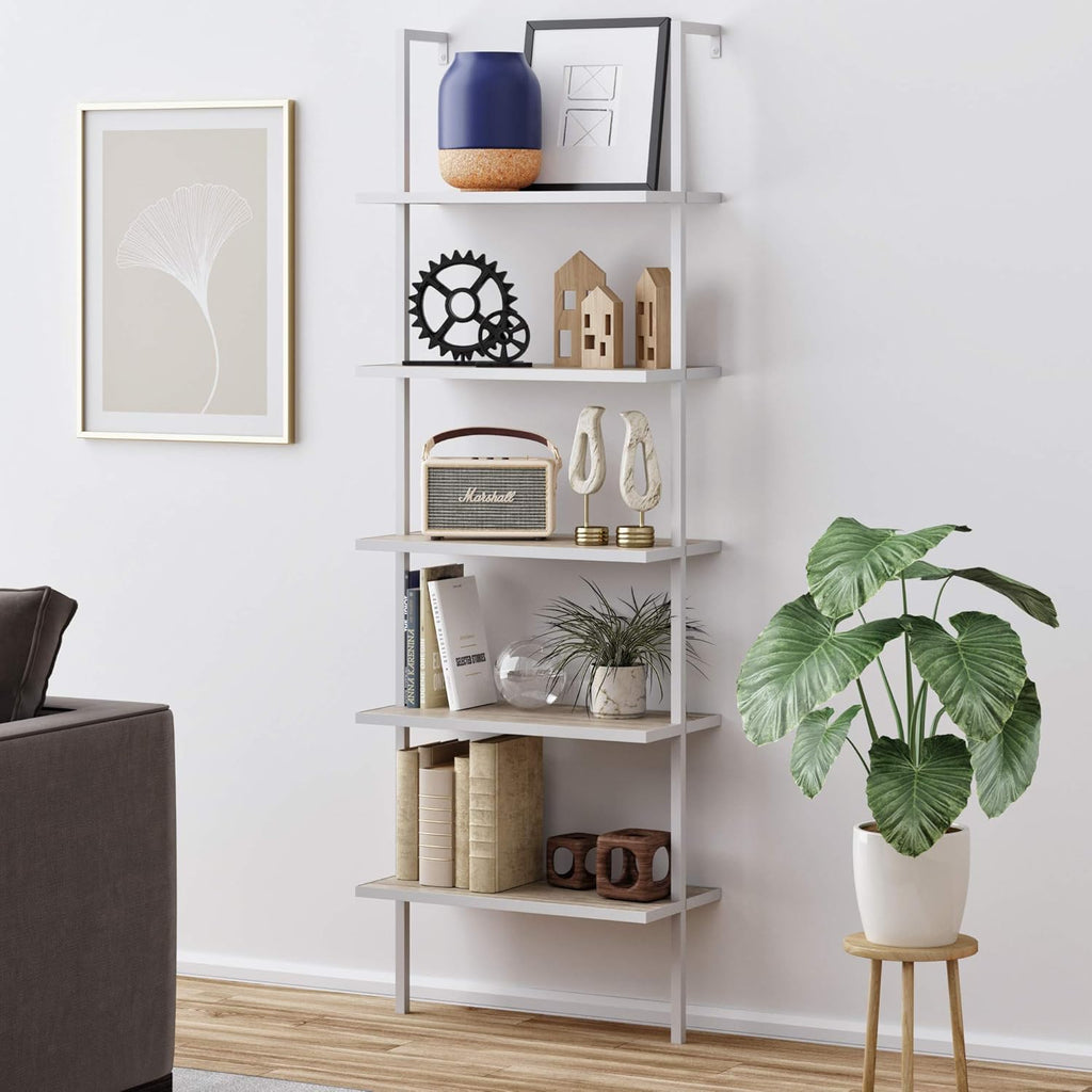 White/Gold 5-Shelf Ladder Bookcase with Metal Frame D755