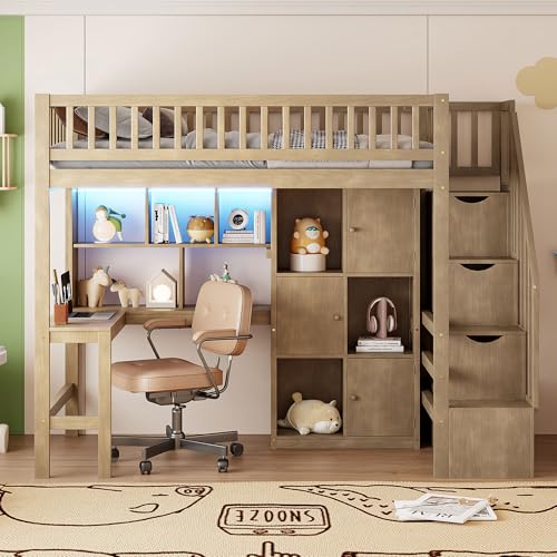 Twin Size Wood Loft Bed with Desk and Storage M4252