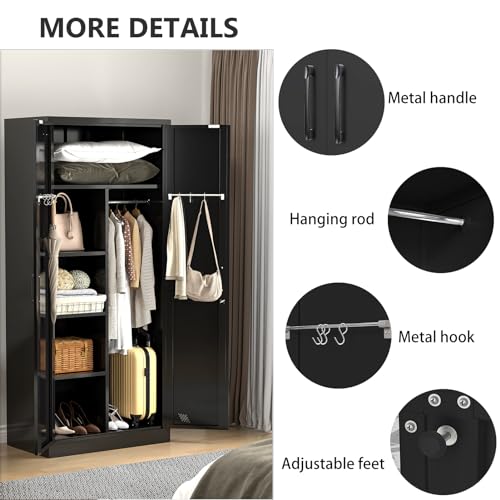 White Metal Armoire Wardrobe Closet with 2 Doors & 2 Drawers and Hanging Rod B541562