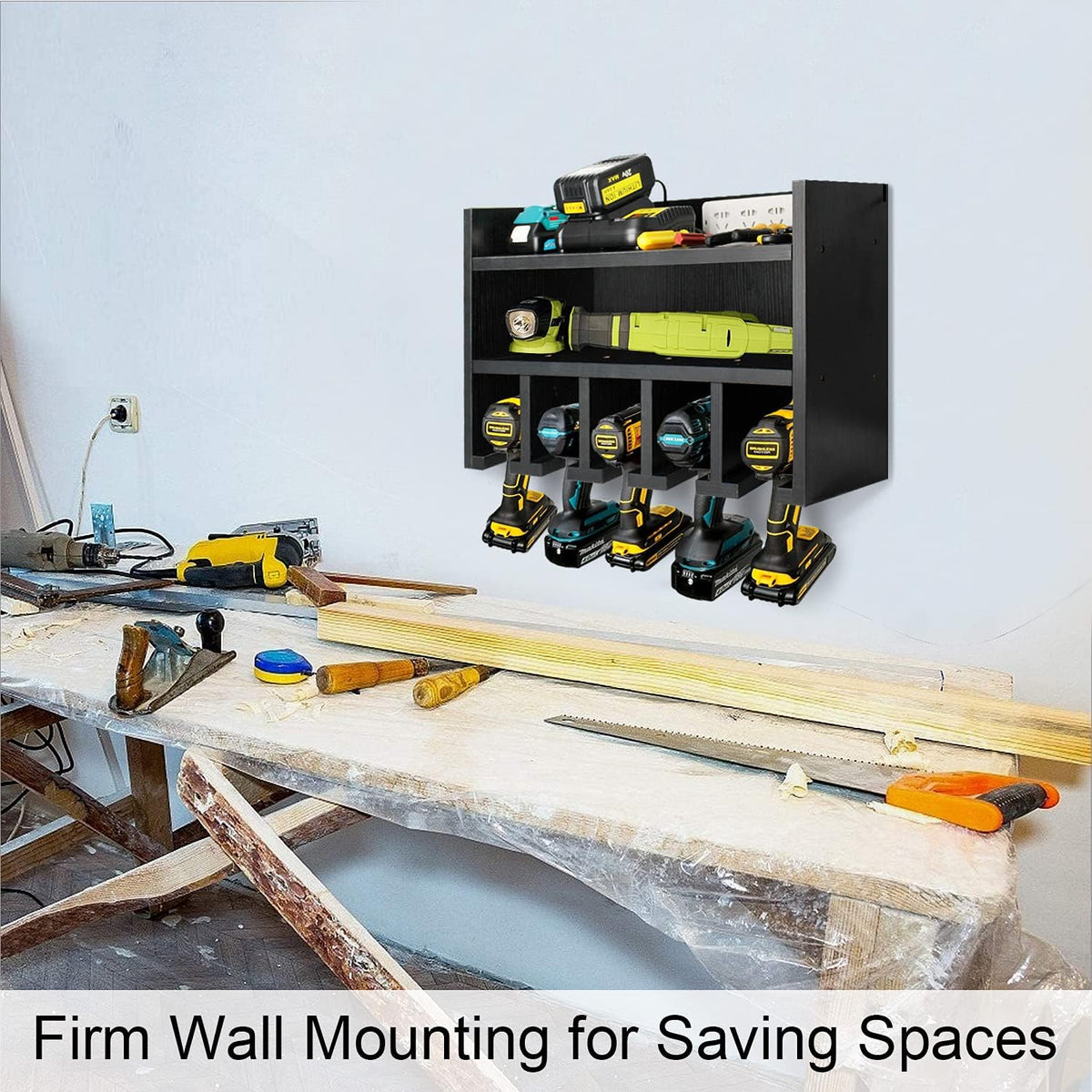 Black Pack of 2 Wooden Power Tool Organizer Wall Mount with Charging Station and 5 Hanging Slots O397
