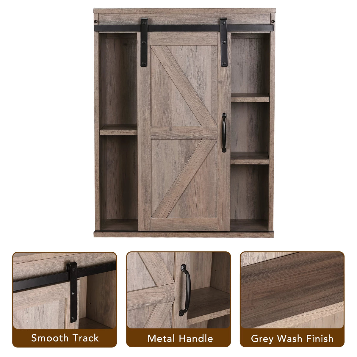 Farmhouse Wood Wall Storage Bathroom Cabinet with Sliding Barn Door, Rustic Medicine Cabinet with Adjustable Shelf, 3-Tier Vintage Cabinet, Washed Oak F1374