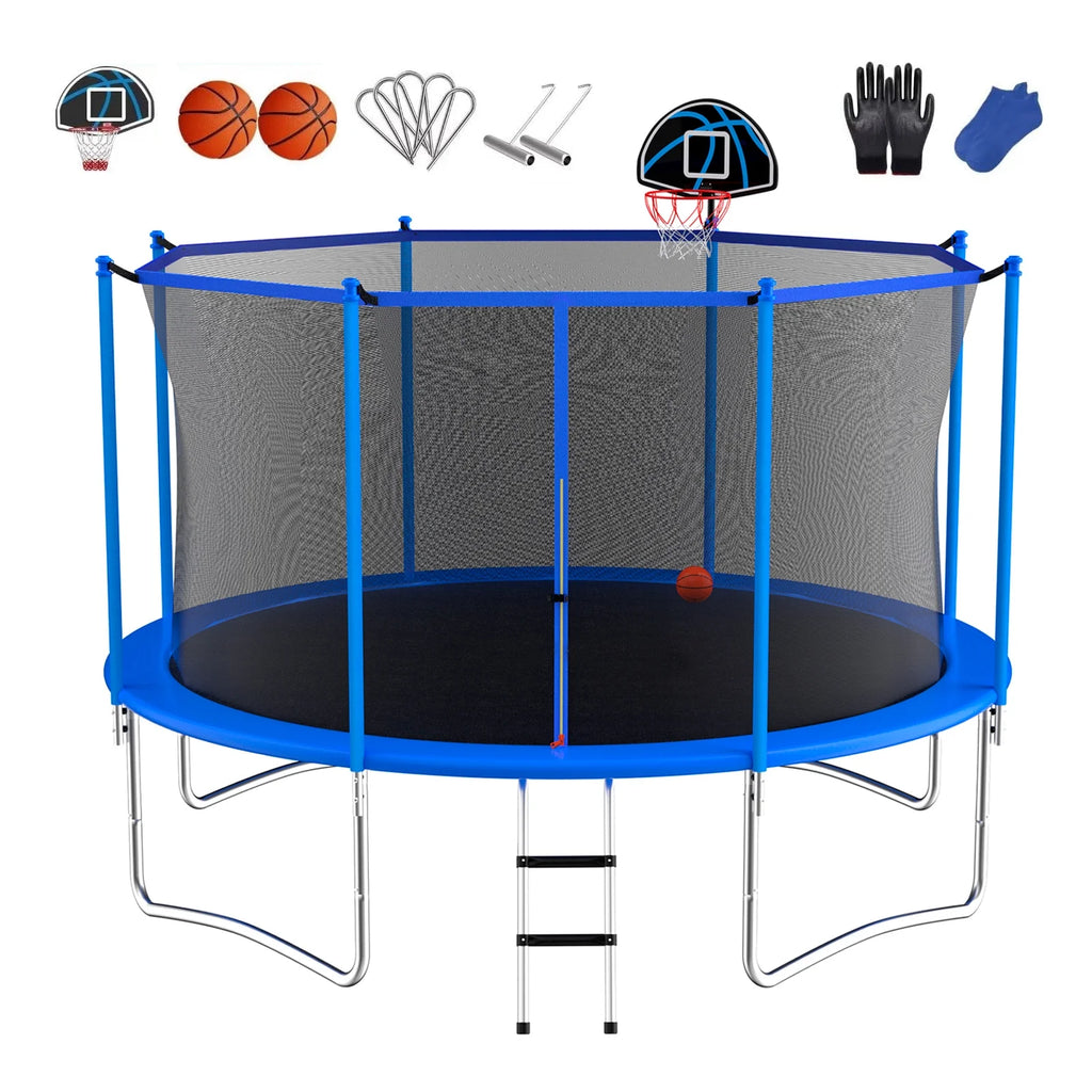 10 Feet Blue Outdoor Trampoline with Basketball Hoop and Safety Enclosure S6556