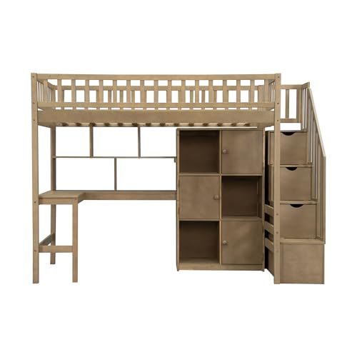 Twin Size Wood Loft Bed with Desk and Storage M4252