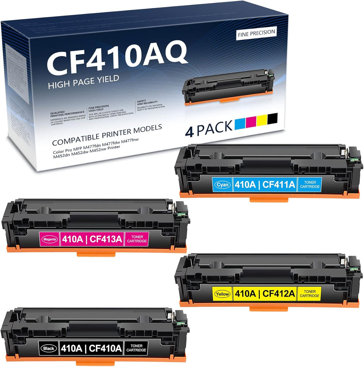 (4 Pack, 1BK+1C+1M+1Y) CF410AQ Toner Cartridge for HP Color Pro MFP M477fdw M452dw Printer V3800