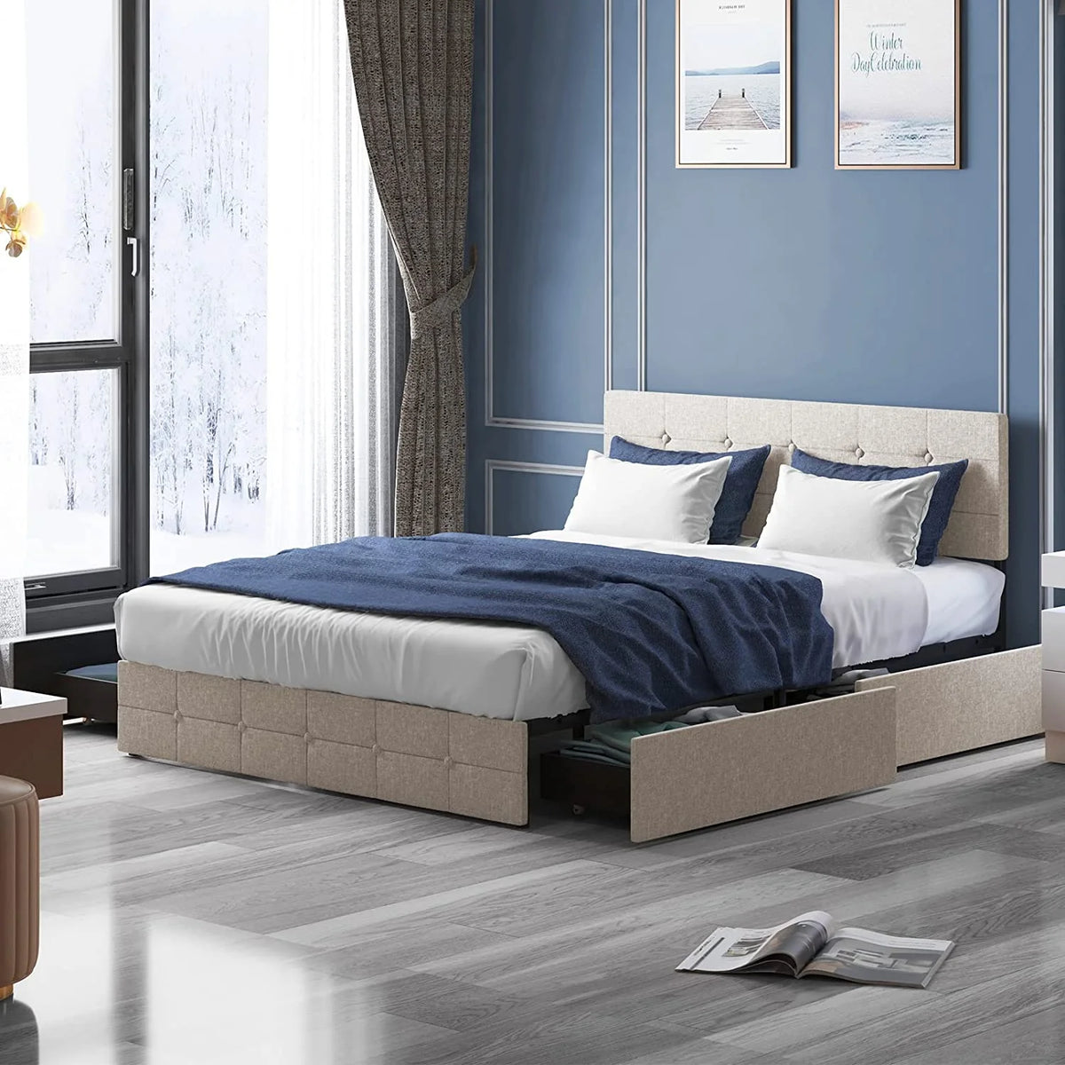 Queen Size Platform Bed Frame with 4 Storage Drawers T54504