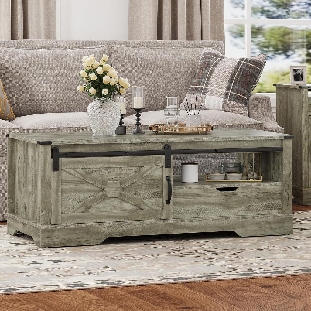Warm Grey Rectangular Coffee Table with Storage Drawer and Sliding Barn Door D490
