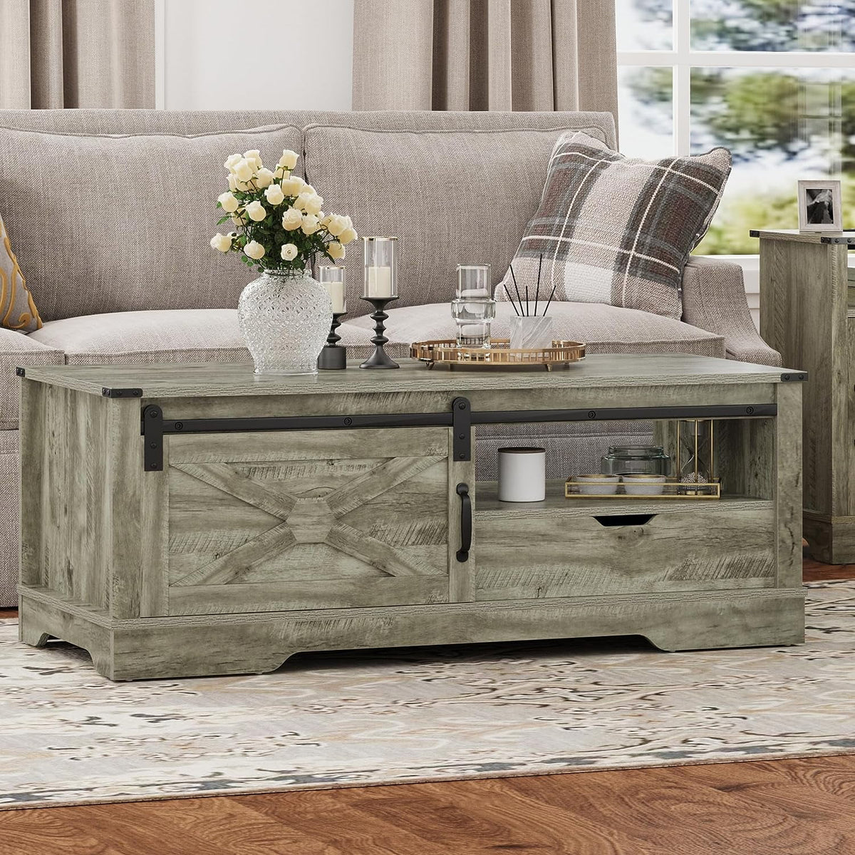 Warm Grey Rectangular Coffee Table with Storage Drawer and Sliding Barn Door D490