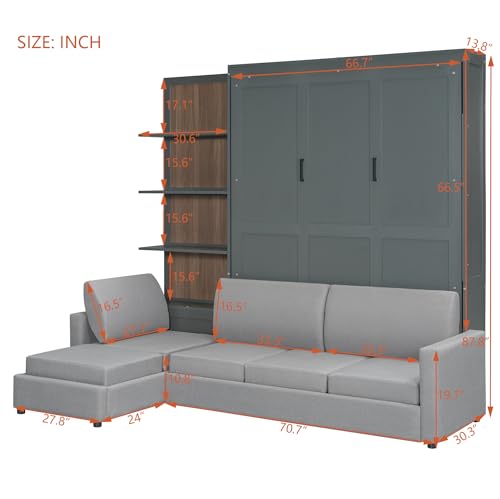 Queen Size Wooden Murphy Bed with Shelves and L-Shape Sofa N54397