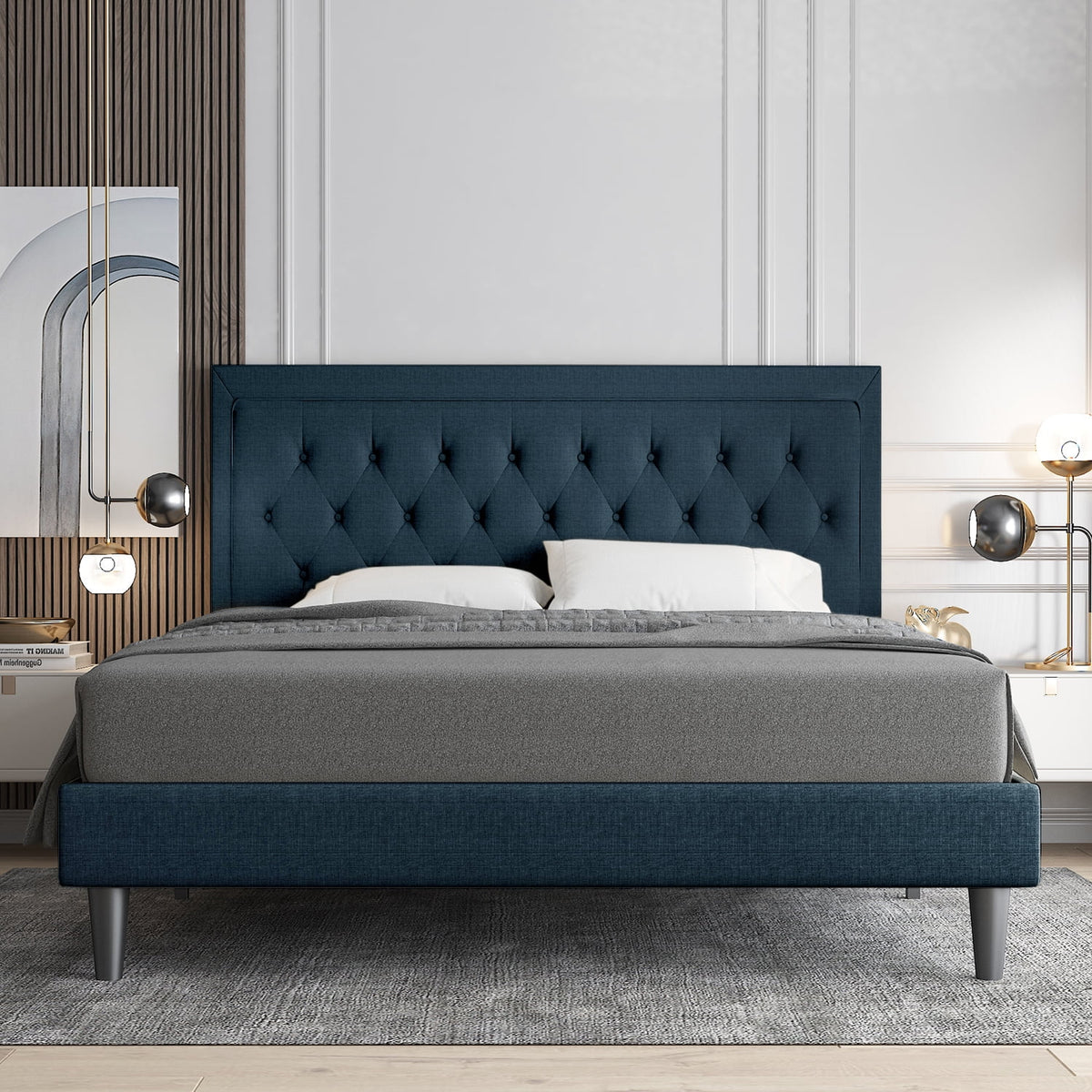 Queen Size Upholstered Platform Bed with Adjustable Headboard A8975