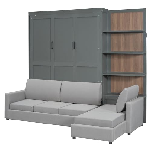 Queen Size Wooden Murphy Bed with Shelves and L-Shape Sofa N54397