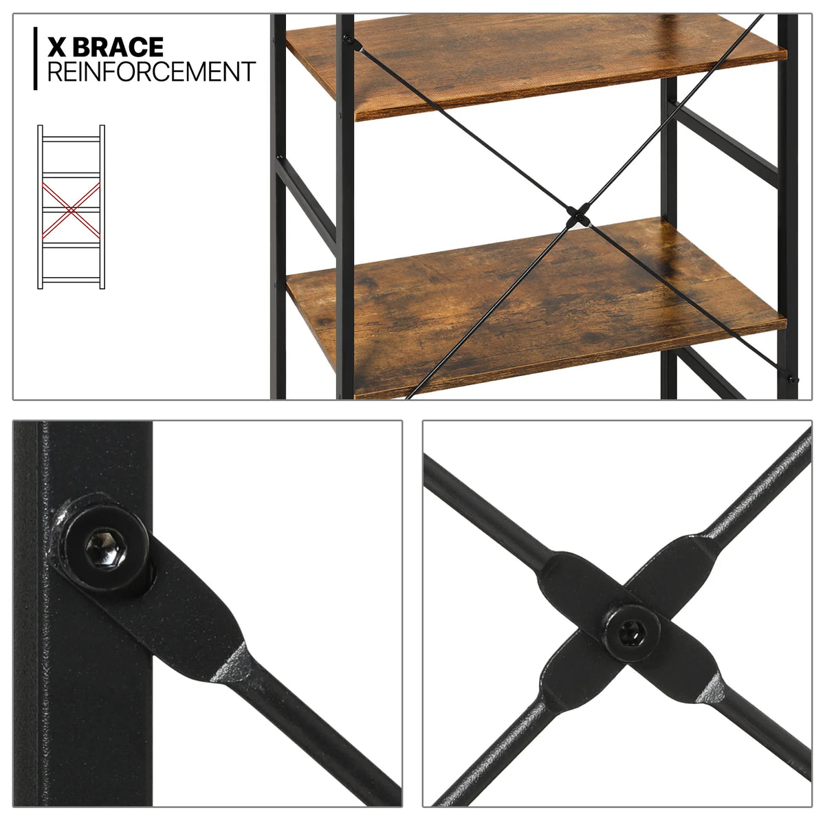 5 Shelves Rustic Bookcase with Metal Frame N125473