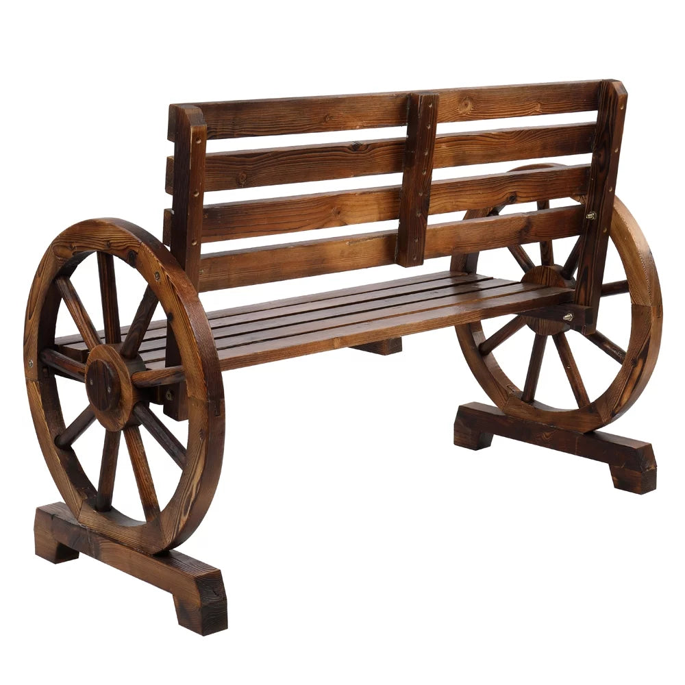 Wooden Wagon Wheel Bench with Backrest D582720