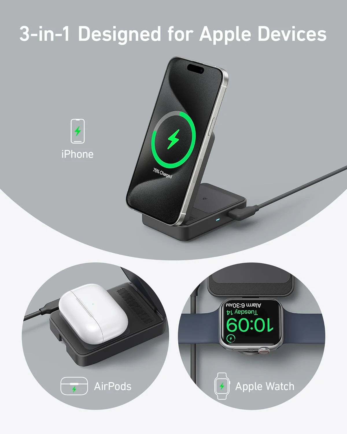 3-in-1 Wireless Charging Station with 40W USB-C Charger A299300