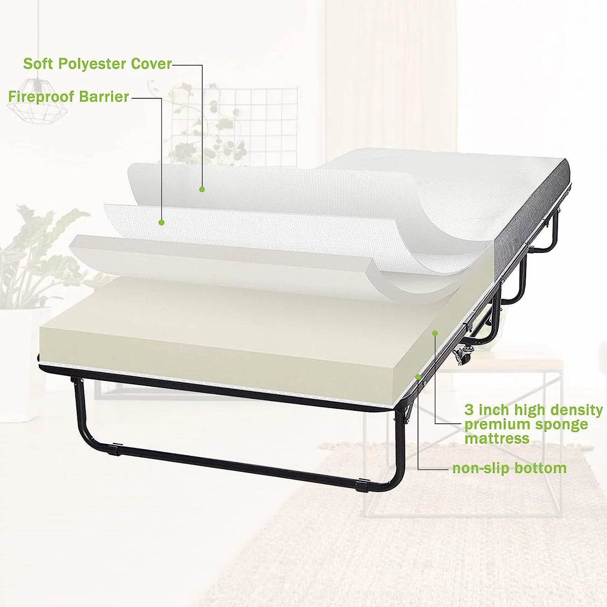 Folding Bed with Memory Foam Mattress and Wheels H9888