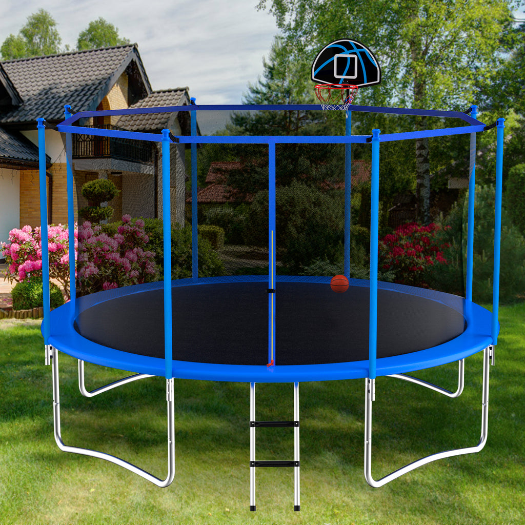 10 Feet Blue Outdoor Trampoline with Basketball Hoop and Safety Enclosure S6556